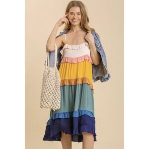 Umgee Colorful Color Block Tiered Midi Knee Length Sleeve Size Medium Bohemian‎